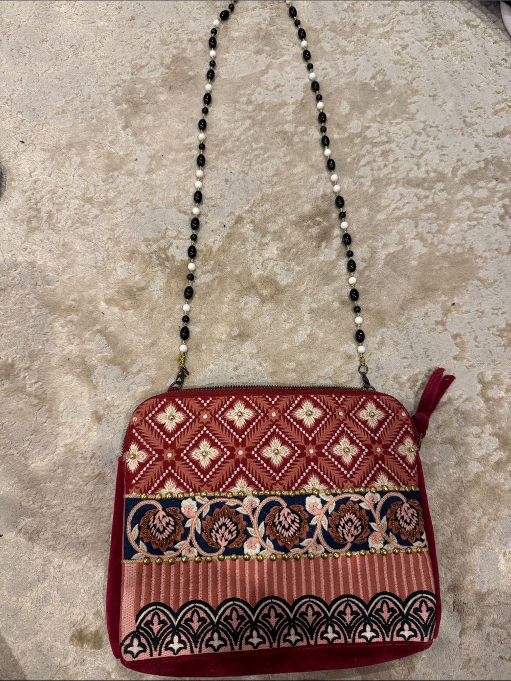 Anthropologie Red Embroidered Beaded-Strap Crossbody Bag